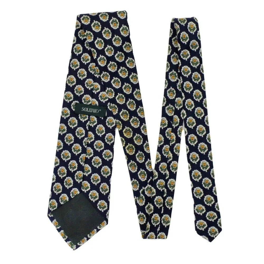 Souleiado Mens Tie Necktie 100% Silk Floral Hand Made in France Blue 58 in